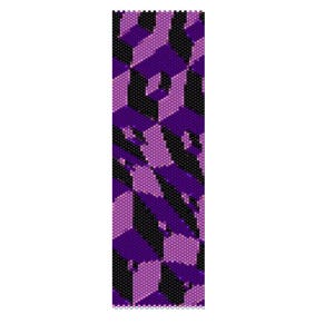 May include: A beaded bracelet featuring a geometric design in shades of purple and black.