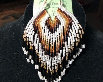 Native Long Beaded Earrings - White, Gold, and Black