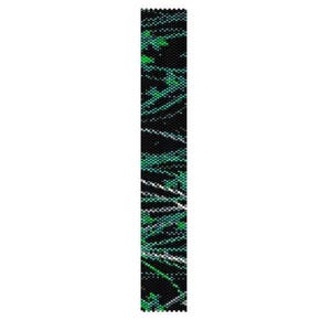 May include: A beaded bracelet with a black background and a pattern of green, white, and teal lines. The bracelet is long and narrow, with a repeating design. The beads are small and tightly packed, creating a textured surface.