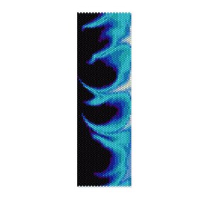 May include: A beaded bracelet featuring a blue and purple flame design on a black background.