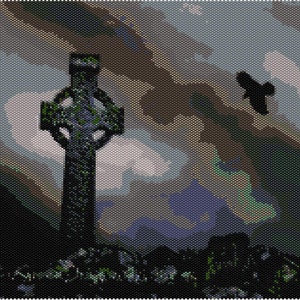 May include: A digital art piece depicting a Celtic cross in a graveyard setting. The cross is weathered and covered in green moss. A dark bird flies in the cloudy sky. The scene is rendered in a pixelated style with muted colors.