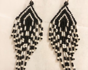 Native Long Beaded Earrings - Black & White