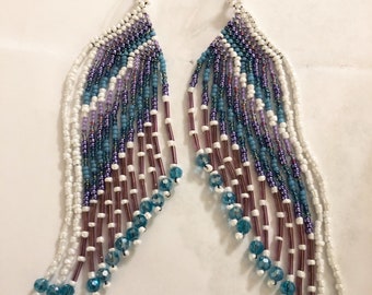 Native Long Beaded Earrings - Purple, Blue, and White