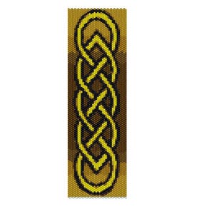 May include: A beaded bracelet with a Celtic knot design in black and gold.