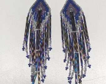 Native Long Beaded Earrings - Purple, Blue, and Silver