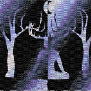 Puede incluir: Una impresión de arte digital de una persona sentada en una postura meditativa con dos árboles detrás. Los árboles son blancos y el fondo es azul oscuro con un tono púrpura.