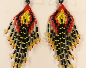 Native Long Beaded Earrings - Red, Yellow, and Black