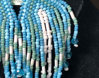 Native Long Beaded Earrings - Aqua and White