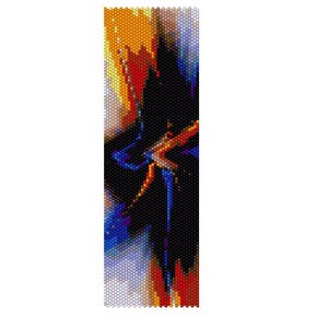 May include: A beaded bracelet with a colorful abstract design featuring shades of orange, yellow, red, blue, and black.