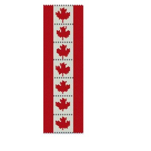 May include: A red and white beaded bracelet with a pattern of Canadian maple leaves.