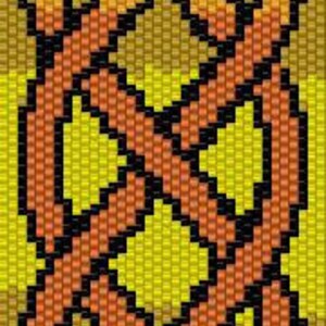 May include: A colorful beaded pattern with a Celtic knot design. The pattern is made with yellow, orange, red, and black beads.