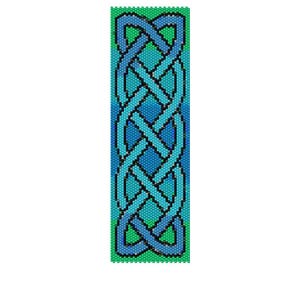 May include: A blue and green Celtic knot pattern, woven in a repeating design. The knot is made of a series of interlacing loops, creating a complex and intricate pattern.