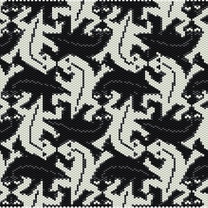 May include: Black and white optical illusion pattern with repeating shapes that appear to be both birds and fish.