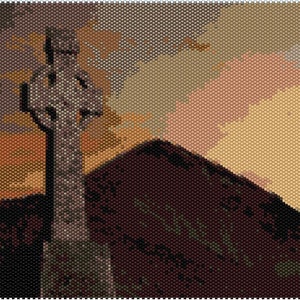 May include: A digital art piece depicting a Celtic cross against a sunset. The cross is gray and textured, set against a backdrop of warm orange, yellow, and brown hues. The artwork evokes a sense of history and spirituality.