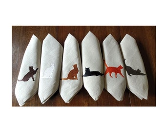 Embroidered Linen Napkins: Cat Design, Set of 6