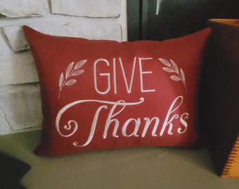 Give Thanks Fall home decor embroidered linen pillow with custom colour options