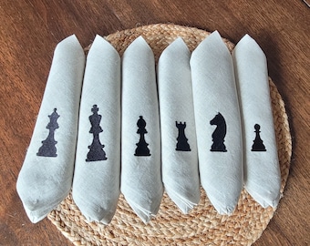 Chess Lover Embroidered Linen Napkins- Gift Set of 6 linen napkins King, Queen, Bishop, Pawn, Knight, Rook with personalized colour options