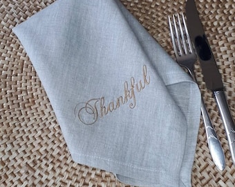 Thankful Embroidered Linen Napkins for Thanksgiving, linen, thankful, grateful, family, table linens, custom embroidery,personalized napkins