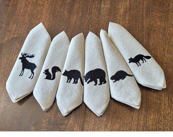 Embroidered Linen Napkins: Forest Animal Design, Set of 6