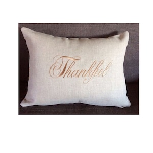 Embroidered Linen Pillow: "Thankful" Thanksgiving Decor