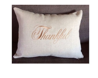 Embroidered Linen Pillow: "Thankful" Thanksgiving Decor