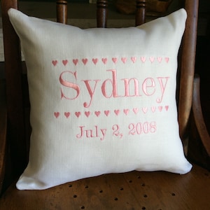 Personalized Child Name  embroidered linen pillow cover. Custom Wording on a pillow