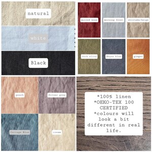 May include: A color chart of 14 different linen fabric swatches. The swatches are arranged in a grid with the names of each color printed below. The colors include natural, white, black, mulled wine, morning frost, shiitake/beige, dark olive, abyss blue, ginger, peach, silver grey, cottage blue, and cream. The text *100% linen *OEKO-TEX 100 CERTIFIED *colours will look a bit different in real life. is printed on a wooden background.