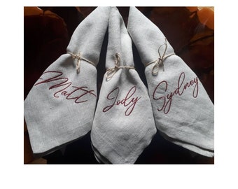 Personalized Embroidered Linen Napkins: Custom Name Place Settings with font and colour options