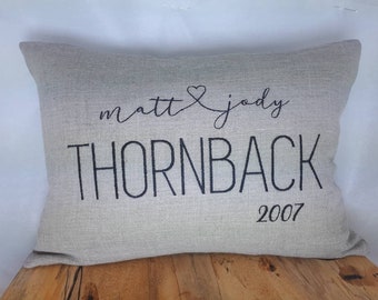 Custom Embroidered linen wedding name and year pillow cover with insert option