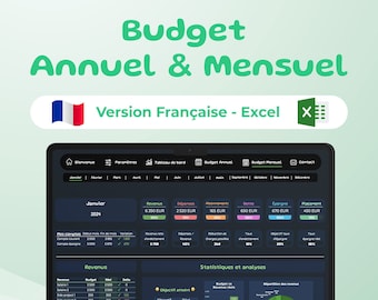 Budget Annuel et Budget Mensuel - Budget Excel en Français - Budget Planner Français - Mode Sombre -