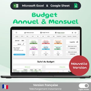 Presupuesto anual y presupuesto mensual - Presupuesto de Excel en francés - Planificador de presupuesto de Google Sheet en francés - Modo claro -