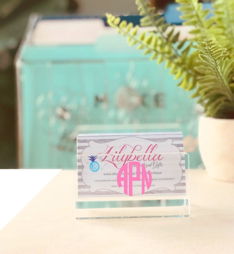 Monogrammed Business Card Holder, Business Card Stand, Personalized Office Decor, Acrylic Desk Accessories, College Grad Gift, Coworker Gift image 1