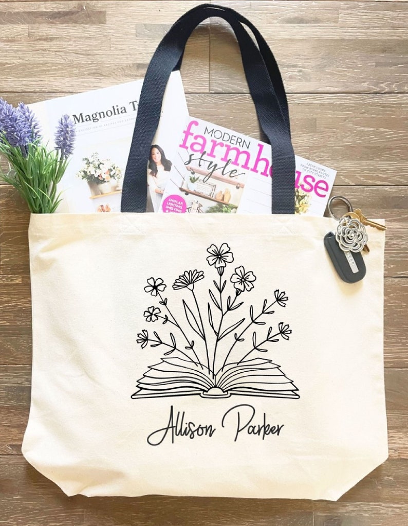 Personalized Floral Book Bag Library Book Bag Canvas Tote Etsy