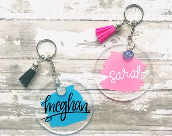 Personalized Keychain For Women, Acrylic Keychain, 3" Round Keychain with Tassel, Monogrammed Key Chain, Bridesmaid Gift, Party Favors