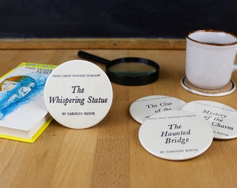 Nancy Drew Coaster Set - made from recycled book pages - Whispering Statue, Tapping Heels, Haunted Bridge, Mystery of the Ivory Charm