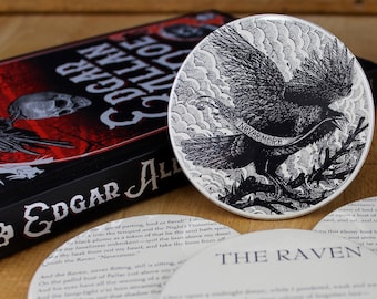 Poe's Raven Coaster Set - made from recycled book pages - Edgar Allan Poe