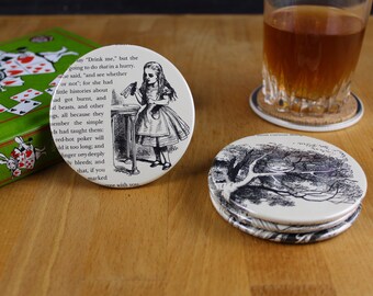 Alice in Wonderland Coaster Set - made from recycled book pages- Drink Me, Off With Her Head, Chesire Cat, Alice’s Trial