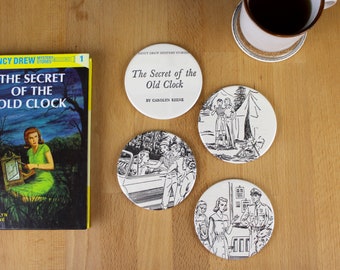 Nancy Drew The Secret of the Old Clock Coaster Set - made from recycled book pages -