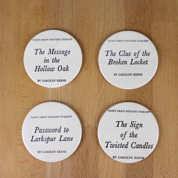 Nancy Drew Coaster Set - made from recycled book pages - Hollow Oak, Broken Locket, Larkspur Lane, Twisted Candles
