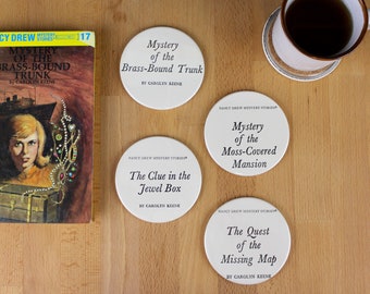 Nancy Drew Coaster Set - made from recycled book pages - Brass Bound Trunk, Missing Map, Moss Covered Mansion, Jewel Box