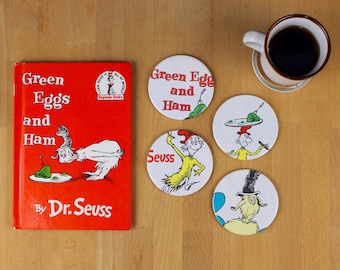 Green Eggs and Ham coaster set - made from recycled book pages-Dr Seuss