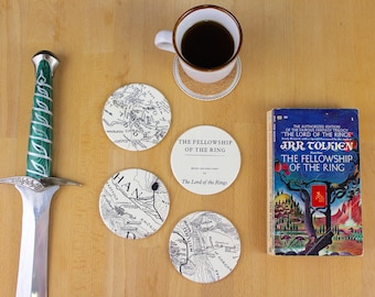 The Fellowship of the Ring Coaster Set - made from recycled book pages - Map of Middle Earth