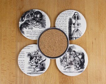 Alice in Wonderland Coaster Set - made from recycled book pages-Tall Alice, Cheshire Cat, White Rabbit, Dodo