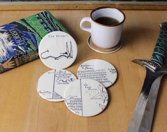 The Hobbit Coaster Set - made from recycled book pages - Thor's Map, Smaug