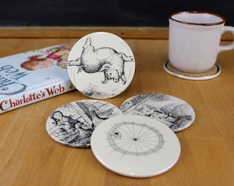 Charlotte's Web Coaster Set - made from recycled book pages - Wilbur Flip