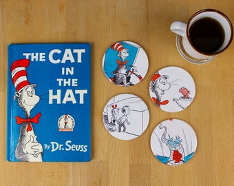 The Cat in the Hat coaster set - made from recycled book pages-Dr Seuss