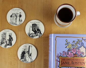 Jane Austen Coaster Set - Pride and Prejudice, Sense and Sensibility, Emma, Persuasion- made from recycled book pages