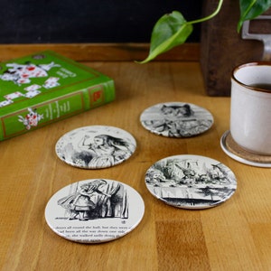 Alice in Wonderland Coaster Set - made from recycled book pages-Flying Cards, Tiny Door, Tea Party & Cheshire Cat