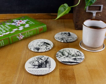 Alice in Wonderland Coaster Set - made from recycled book pages-Flying Cards, Tiny Door, Tea Party & Cheshire Cat