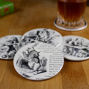 Alice in Wonderland Coaster Set - made from recycled book pages-Flamingo Croquet, White Rabbit, Mad Hatter and Caterpillar